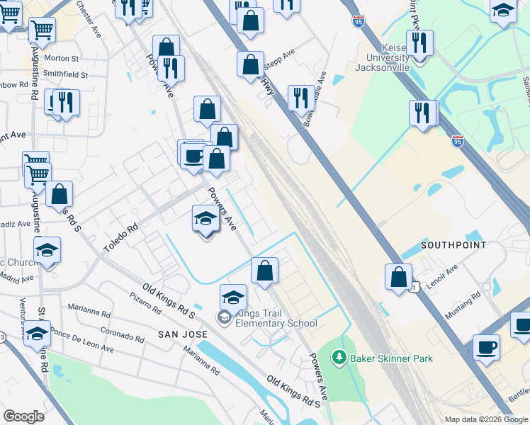map of restaurants, bars, coffee shops, grocery stores, and more near 6737 Powers Avenue in Jacksonville