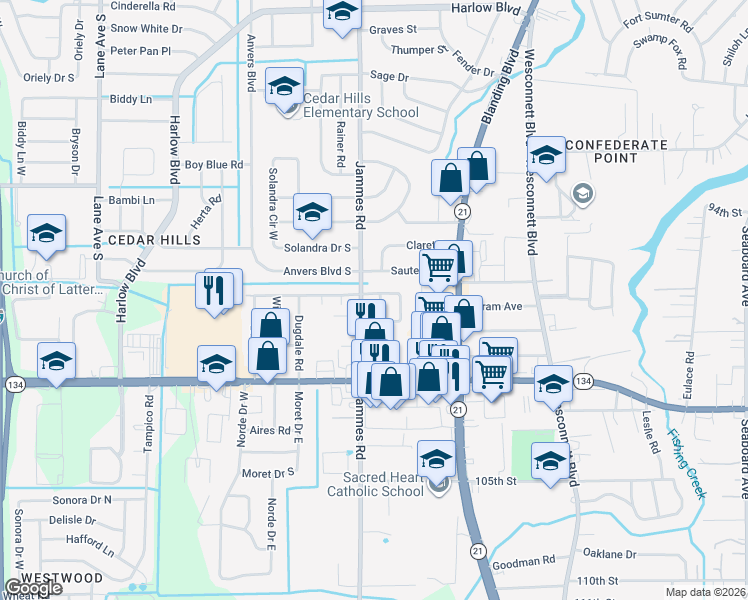 map of restaurants, bars, coffee shops, grocery stores, and more near 6343 Romilly Drive in Jacksonville