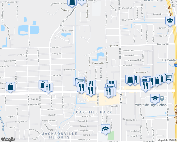 map of restaurants, bars, coffee shops, grocery stores, and more near 4827 Playpen Drive in Jacksonville