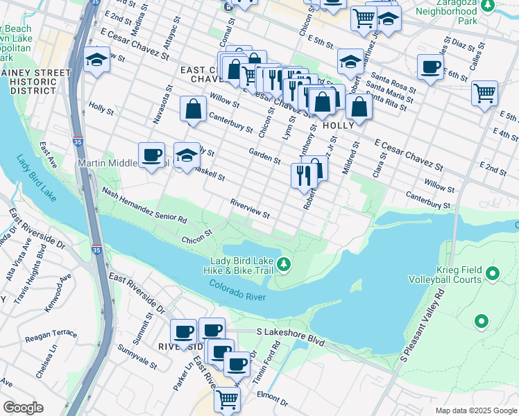 map of restaurants, bars, coffee shops, grocery stores, and more near 2002 Haskell Street in Austin
