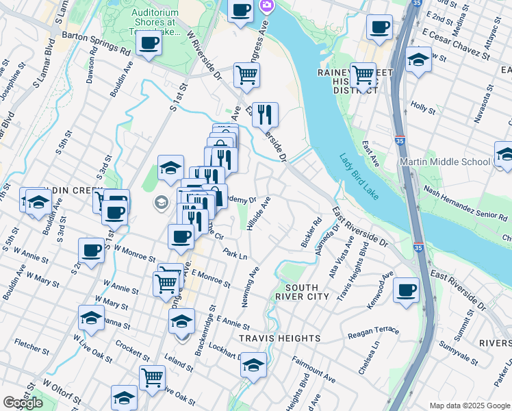map of restaurants, bars, coffee shops, grocery stores, and more near 210 Academy Drive in Austin