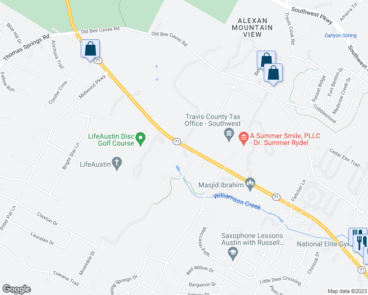 map of restaurants, bars, coffee shops, grocery stores, and more near 8801 Texas 71 in Austin