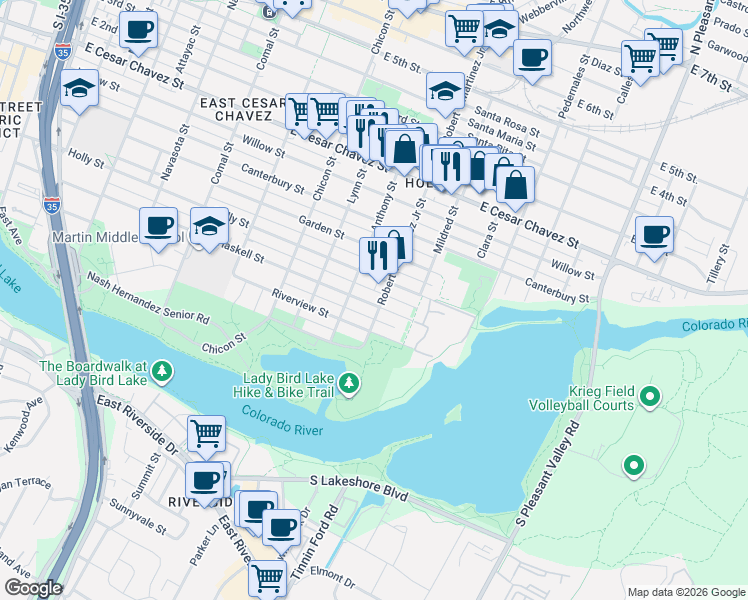 map of restaurants, bars, coffee shops, grocery stores, and more near 2105 Holly Street in Austin