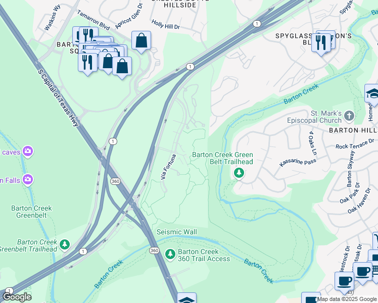 map of restaurants, bars, coffee shops, grocery stores, and more near 2801 Vía Fortuna in Austin