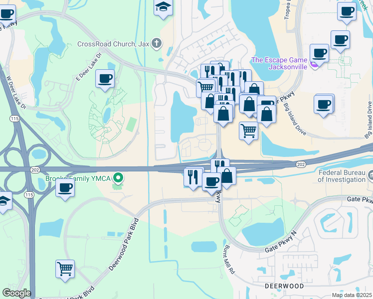 map of restaurants, bars, coffee shops, grocery stores, and more near 10020 Skinner Lake Drive in Jacksonville