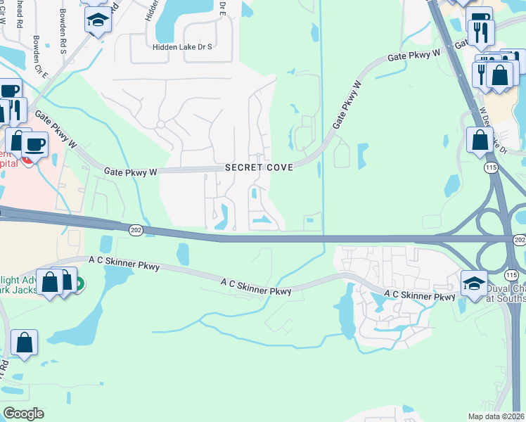 map of restaurants, bars, coffee shops, grocery stores, and more near 8450 Gate Parkway West in Jacksonville