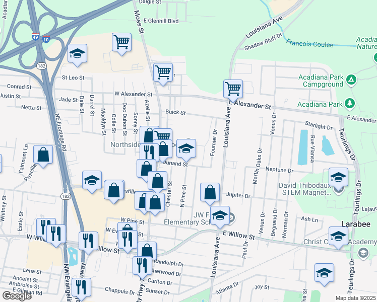 map of restaurants, bars, coffee shops, grocery stores, and more near 301 Dunand Street in Lafayette