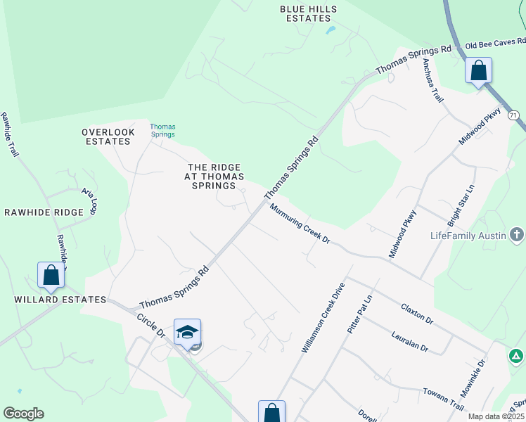 map of restaurants, bars, coffee shops, grocery stores, and more near 10104 Murmuring Creek Drive in Austin