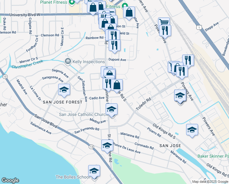 map of restaurants, bars, coffee shops, grocery stores, and more near 6861 Saint Augustine Road in Jacksonville