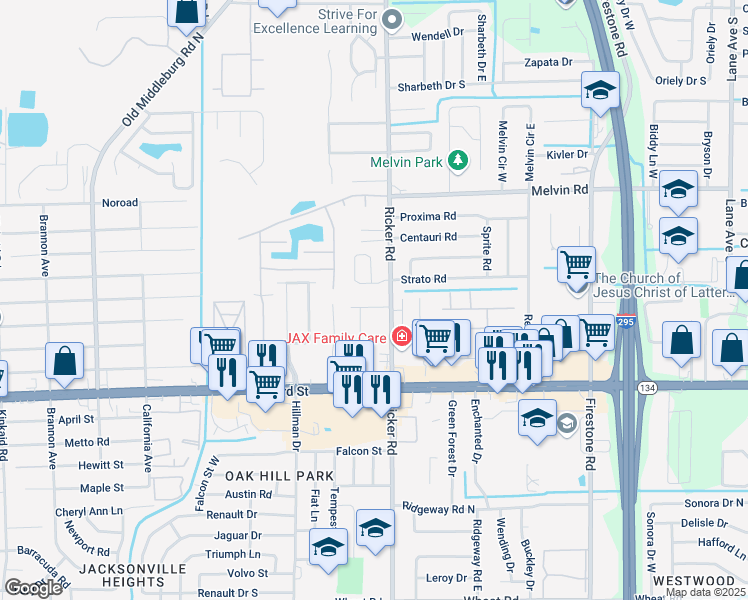 map of restaurants, bars, coffee shops, grocery stores, and more near 7650 Strato Road in Jacksonville