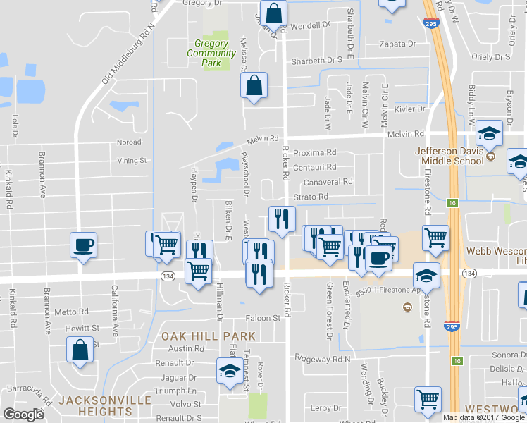 map of restaurants, bars, coffee shops, grocery stores, and more near 7650 Strato Road in Jacksonville