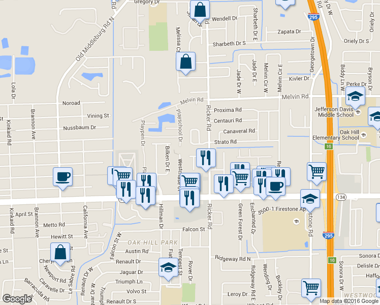 map of restaurants, bars, coffee shops, grocery stores, and more near 7650 Strato Road in Jacksonville