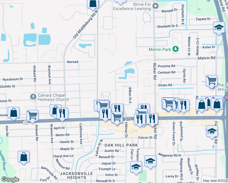 map of restaurants, bars, coffee shops, grocery stores, and more near 4827 Playpen Drive in Jacksonville