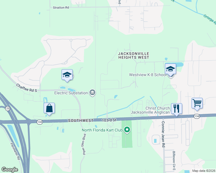 map of restaurants, bars, coffee shops, grocery stores, and more near 10264 Magnolia Ridge Road in Jacksonville