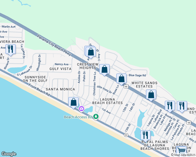 map of restaurants, bars, coffee shops, grocery stores, and more near 334 Christmas Tree Ln in Panama City Beach