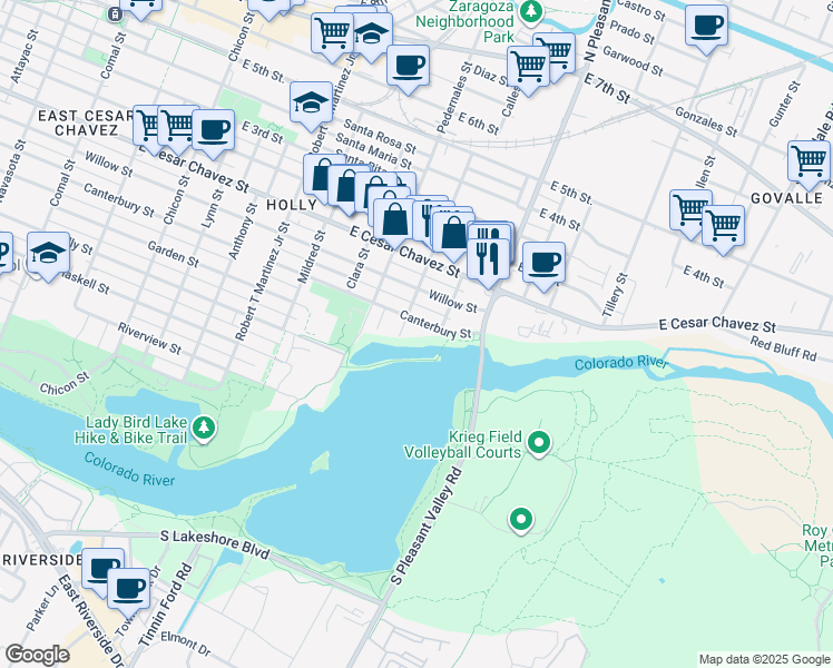map of restaurants, bars, coffee shops, grocery stores, and more near 2604 Canterbury Street in Austin