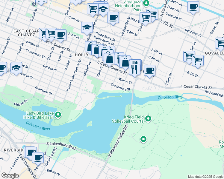 map of restaurants, bars, coffee shops, grocery stores, and more near 2604 Canterbury Street in Austin