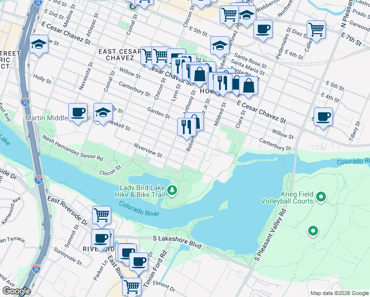 map of restaurants, bars, coffee shops, grocery stores, and more near 2105 Holly Street in Austin