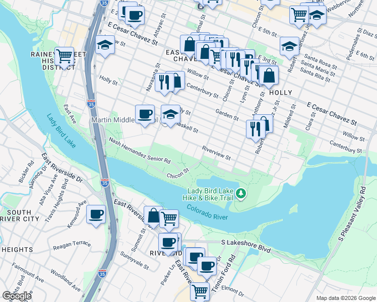 map of restaurants, bars, coffee shops, grocery stores, and more near 1800 Riverview Street in Austin
