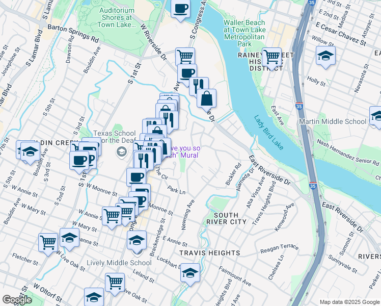 map of restaurants, bars, coffee shops, grocery stores, and more near 210 Academy Drive in Austin