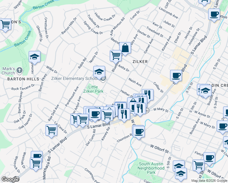 map of restaurants, bars, coffee shops, grocery stores, and more near 1907 Hether Street in Austin
