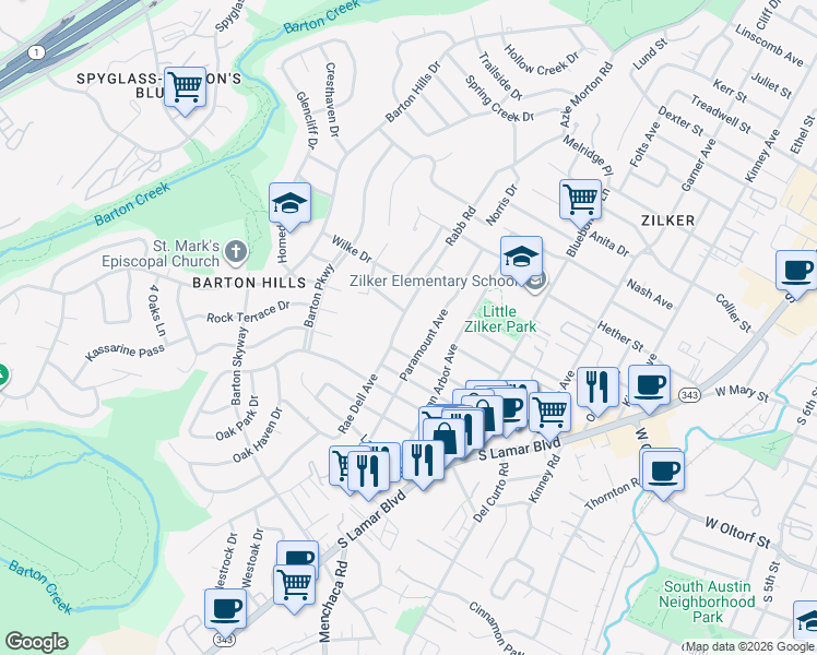 map of restaurants, bars, coffee shops, grocery stores, and more near 2106 Rabb Road in Austin