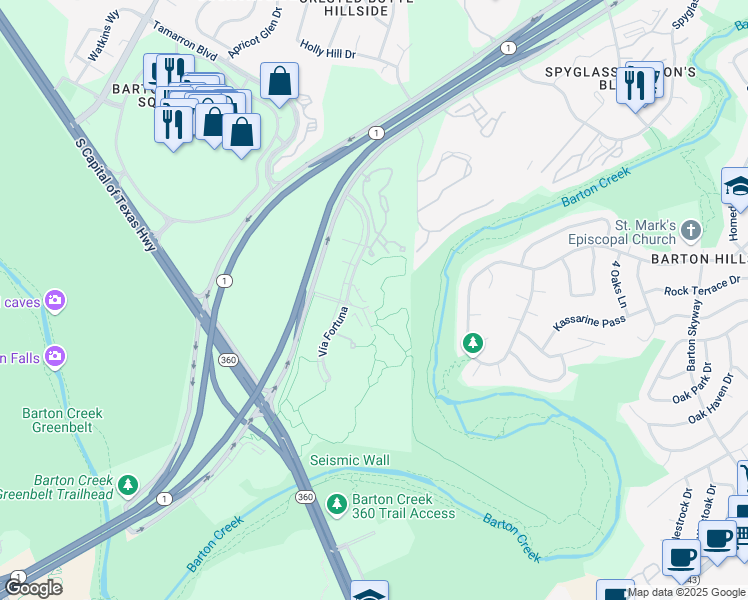 map of restaurants, bars, coffee shops, grocery stores, and more near 2801 Vía Fortuna in Austin