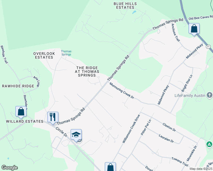 map of restaurants, bars, coffee shops, grocery stores, and more near 10104 Murmuring Creek Drive in Austin