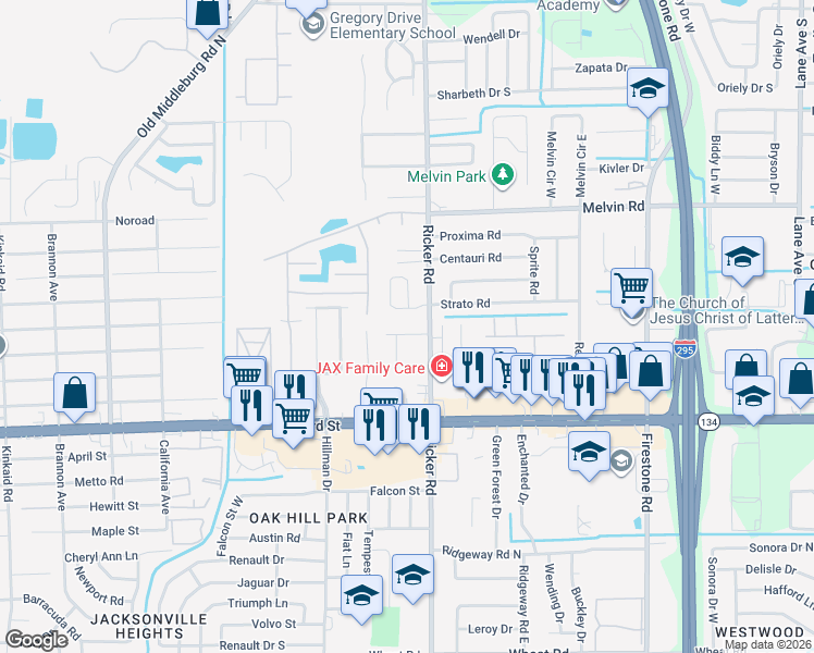 map of restaurants, bars, coffee shops, grocery stores, and more near 7650 Strato Road in Jacksonville