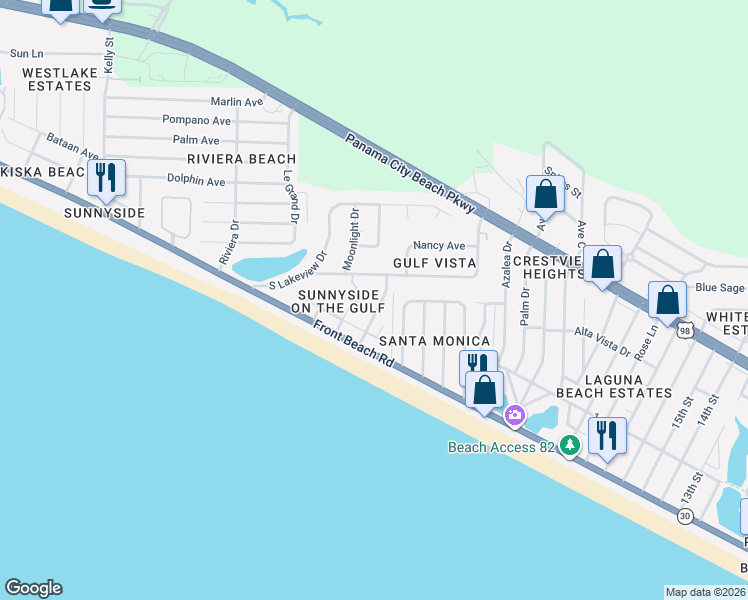 map of restaurants, bars, coffee shops, grocery stores, and more near 151 Downing Street in Panama City Beach