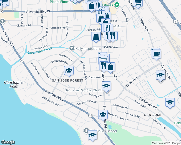 map of restaurants, bars, coffee shops, grocery stores, and more near 2852 Alvarado Avenue in Jacksonville