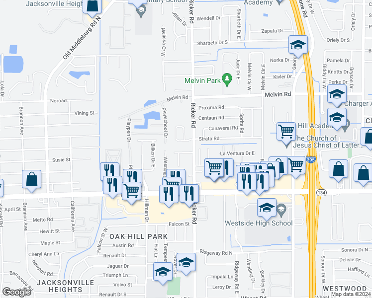 map of restaurants, bars, coffee shops, grocery stores, and more near 7615 Indian Lakes Drive in Jacksonville