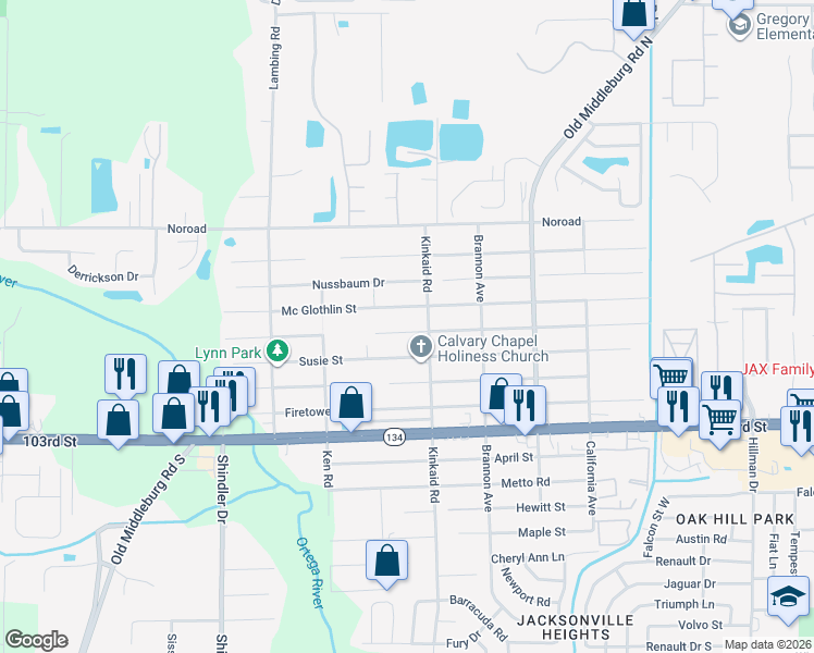 map of restaurants, bars, coffee shops, grocery stores, and more near 8412 Mc Glothlin Street in Jacksonville