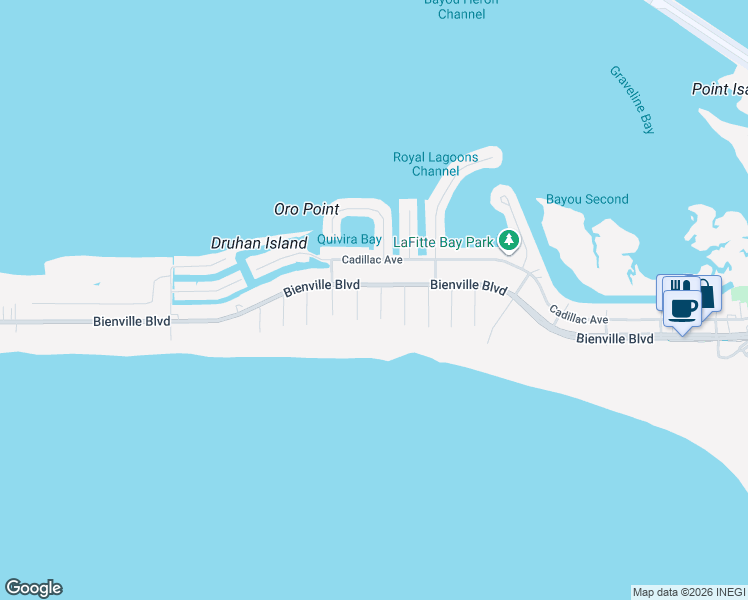 map of restaurants, bars, coffee shops, grocery stores, and more near 2114 Bienville Boulevard in Dauphin Island