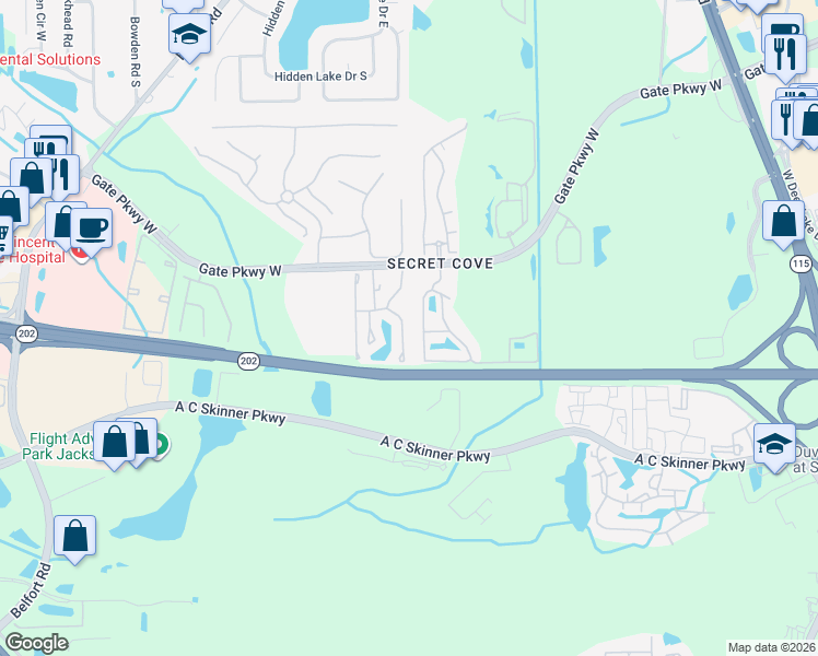 map of restaurants, bars, coffee shops, grocery stores, and more near 8450 Gate Parkway West in Jacksonville