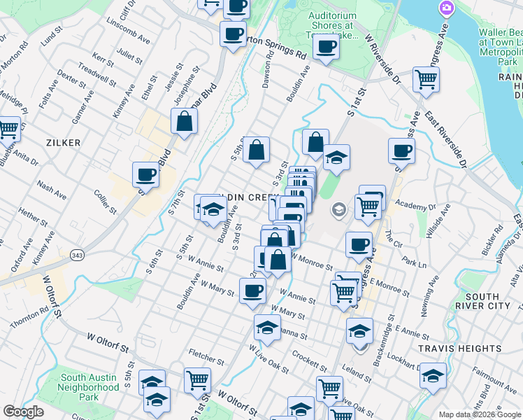 map of restaurants, bars, coffee shops, grocery stores, and more near S 3rd St & Elizabeth St W in Austin
