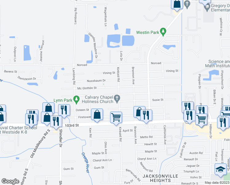 map of restaurants, bars, coffee shops, grocery stores, and more near 8413 Buttercup Street in Jacksonville