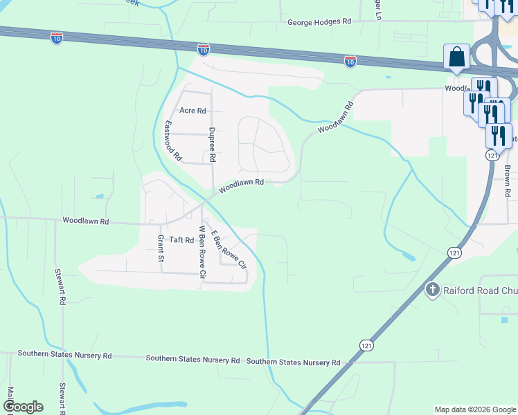 map of restaurants, bars, coffee shops, grocery stores, and more near 6012 Woodlawn Road in Macclenny