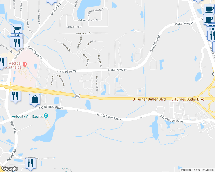 map of restaurants, bars, coffee shops, grocery stores, and more near 4164 Highwood Drive in Jacksonville