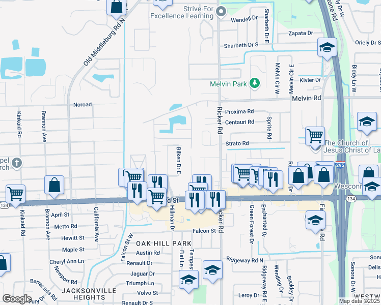 map of restaurants, bars, coffee shops, grocery stores, and more near 4804 Playschool Drive in Jacksonville