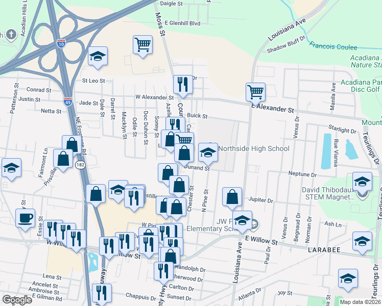 map of restaurants, bars, coffee shops, grocery stores, and more near 110 Cadillac St in Lafayette