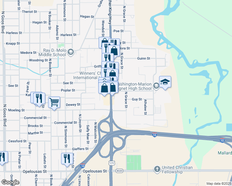 map of restaurants, bars, coffee shops, grocery stores, and more near 2605 Pineview Street in Lake Charles