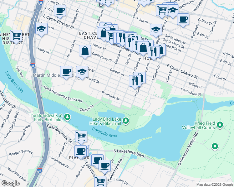 map of restaurants, bars, coffee shops, grocery stores, and more near 2002 Haskell Street in Austin