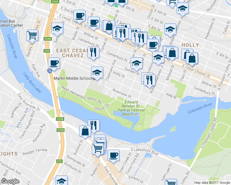 map of restaurants, bars, coffee shops, grocery stores, and more near 1800 Riverview Street in Austin