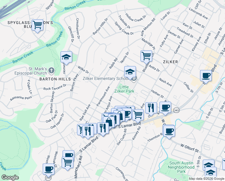 map of restaurants, bars, coffee shops, grocery stores, and more near 2102 Paramount Avenue in Austin
