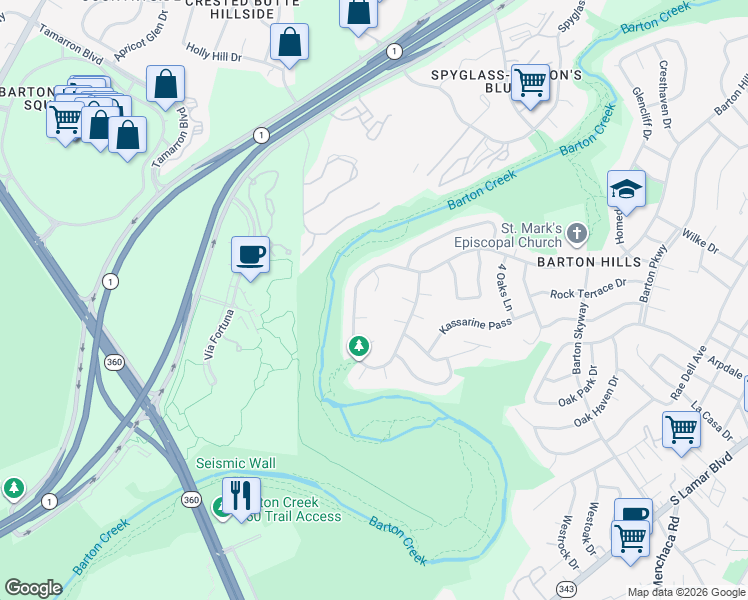 map of restaurants, bars, coffee shops, grocery stores, and more near 2405 Dip Cove in Austin