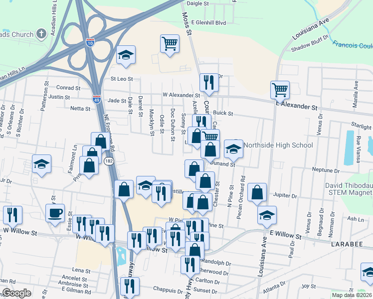 map of restaurants, bars, coffee shops, grocery stores, and more near 111 Lucy Street in Lafayette