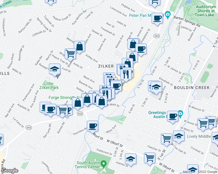 map of restaurants, bars, coffee shops, grocery stores, and more near 1700 South Lamar Boulevard in Austin