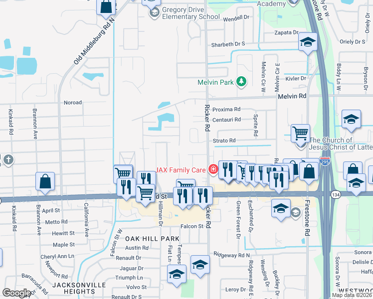 map of restaurants, bars, coffee shops, grocery stores, and more near 4804 Playschool Drive in Jacksonville