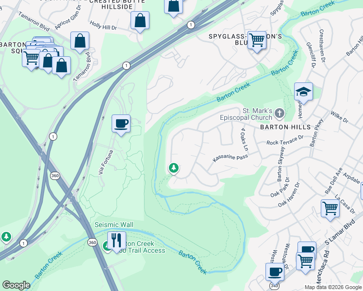 map of restaurants, bars, coffee shops, grocery stores, and more near 2405 Dip Cove in Austin